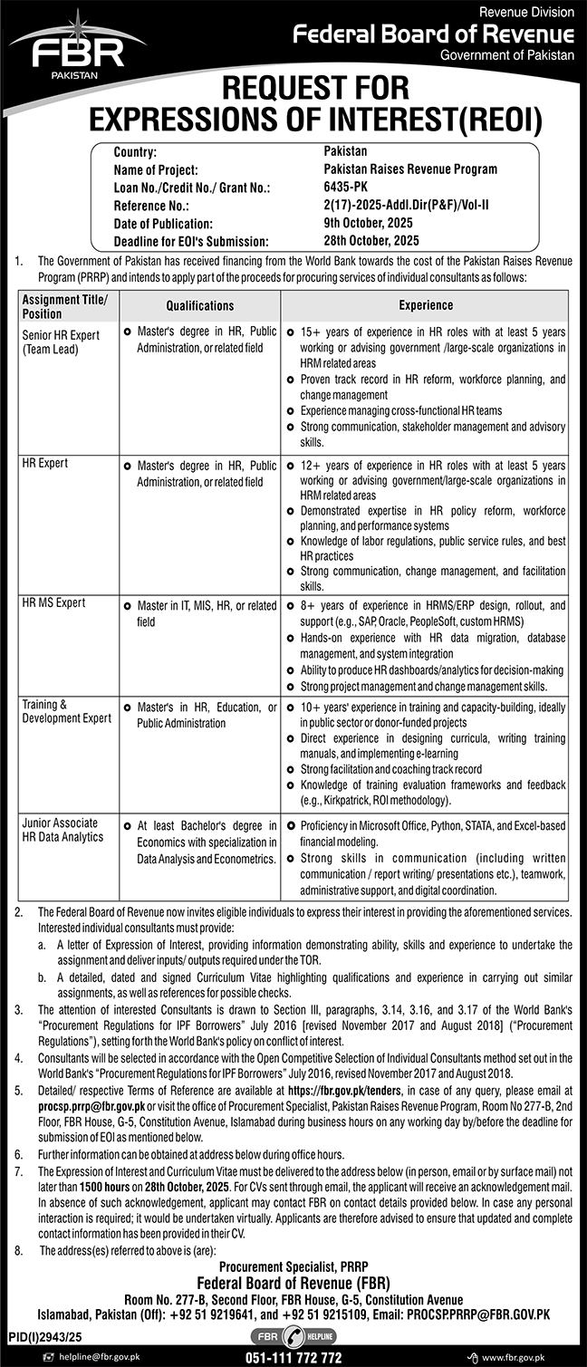Federal Board of Revenue Tender Notice